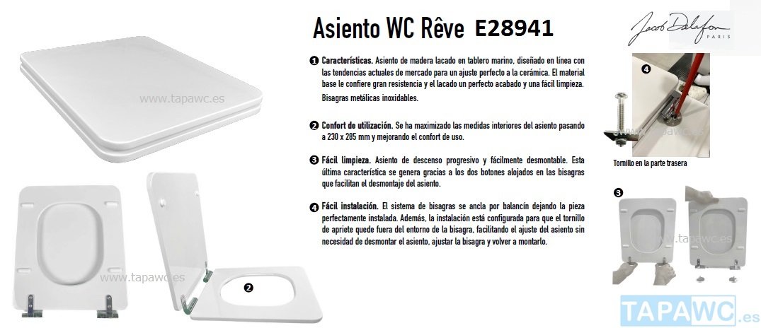 Asiento inodoro REVE amortiguado Blanco ORIGINAL tapa wc Jacob Delafon - Imagen 5